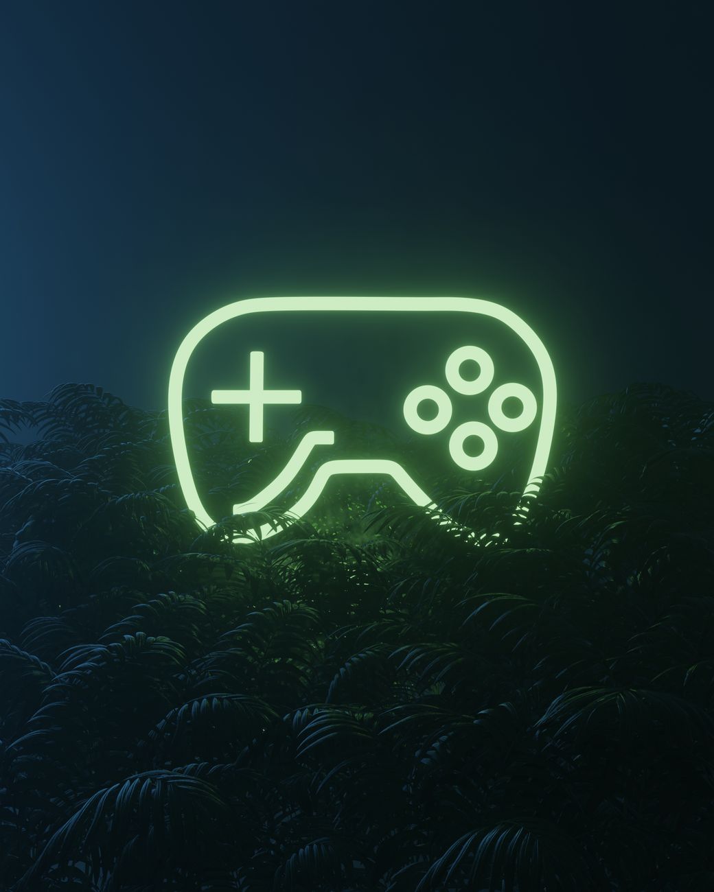 Controle clássico de videogame em uma tela cheia de pixels e luzes de neon